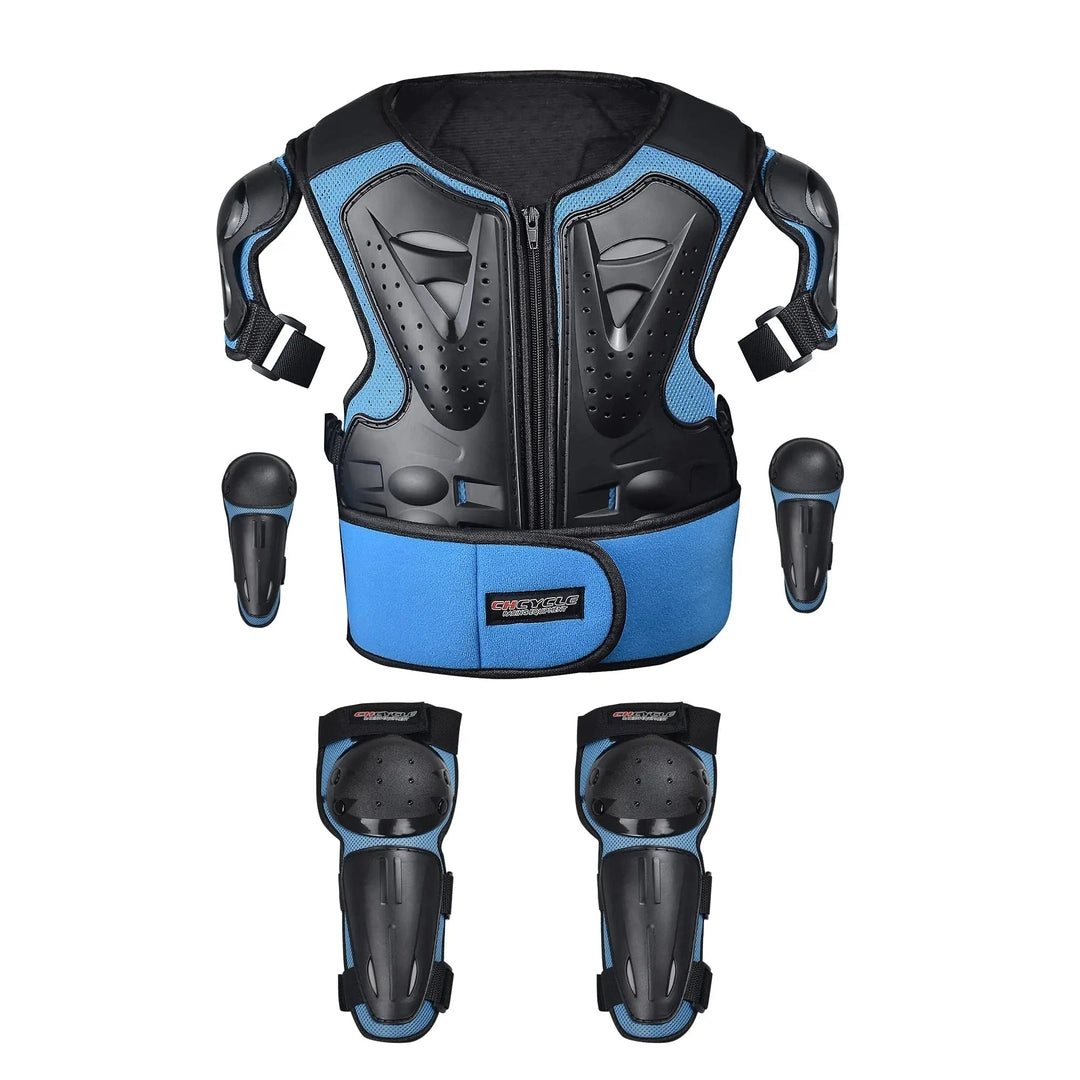 Kit protection moto cross enfant bleu complet : plastron, coudières et genouillères