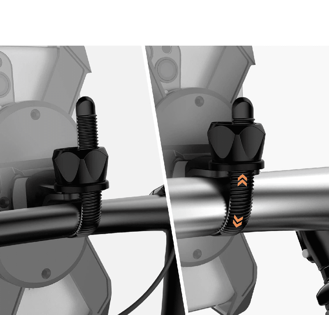 Détail de la fixation à visser du support téléphone moto sur guidon Harley, serrage anti-vibration