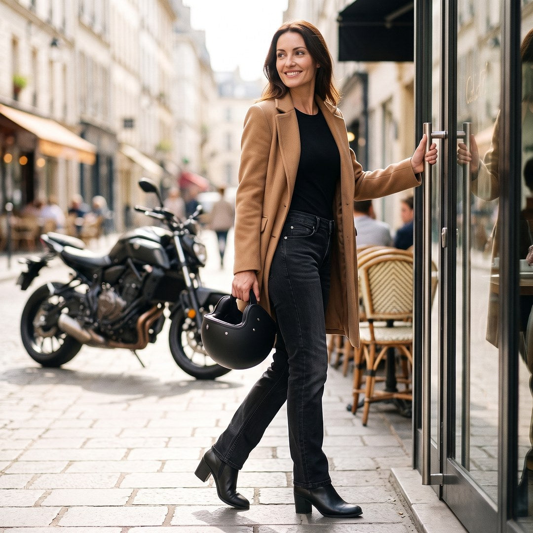Motarde en jean moto femme Asfalt noir entrant dans un café, casque à la main