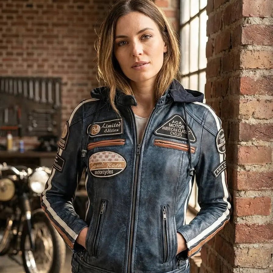 Blouson cuir moto femme style vintage | LEGENDARY 58™ Bleu - LE PRATIQUE DU MOTARD