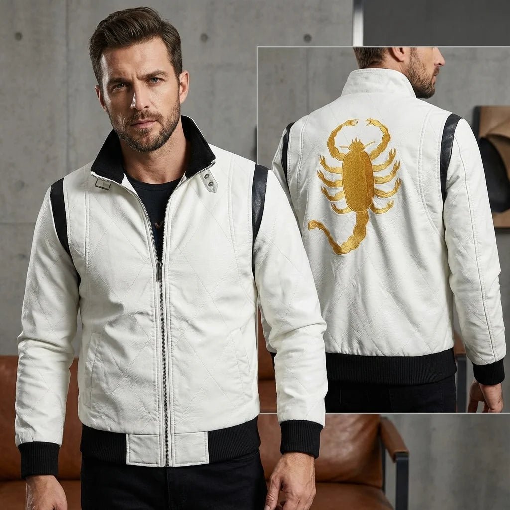 Blouson Biker "Scorpion Legend" – Blanc Matelassé & Broderie Or - LE PRATIQUE DU MOTARD