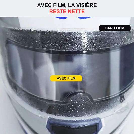 Film anti-buée casque moto : visière nette dans la zone du film, gouttes autour