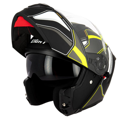 Casque modulable S551 Dual Face titane jaune fluo — vue trois-quarts avant, mentonnière relevée