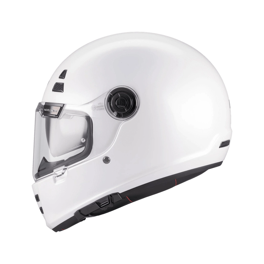 Casque intégral MT café racer blanc nacré de profil, ligne arrondie et écran solaire
