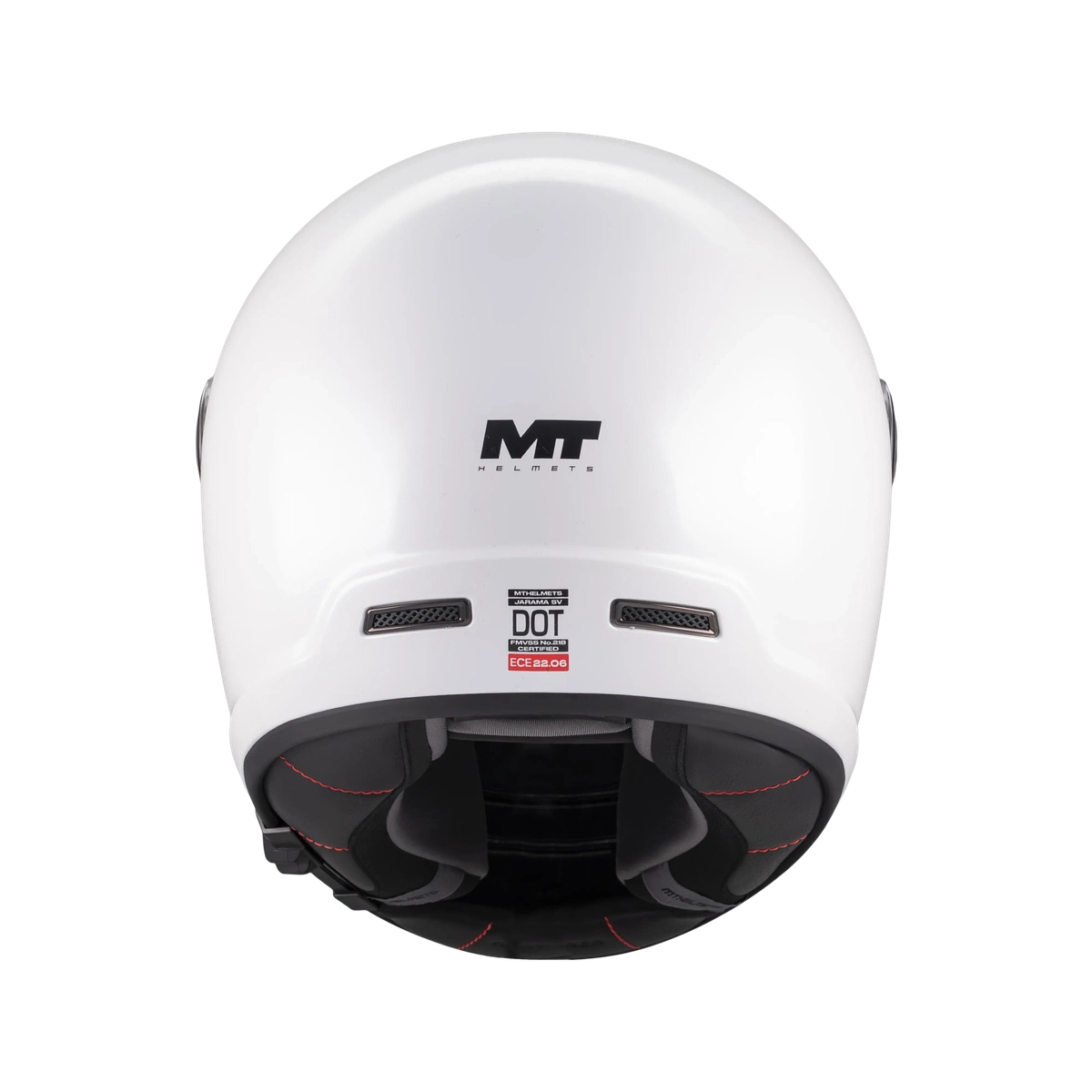 Casque intégral blanc nacré arrière, extracteurs d'air et étiquette homologation ECE 22-06