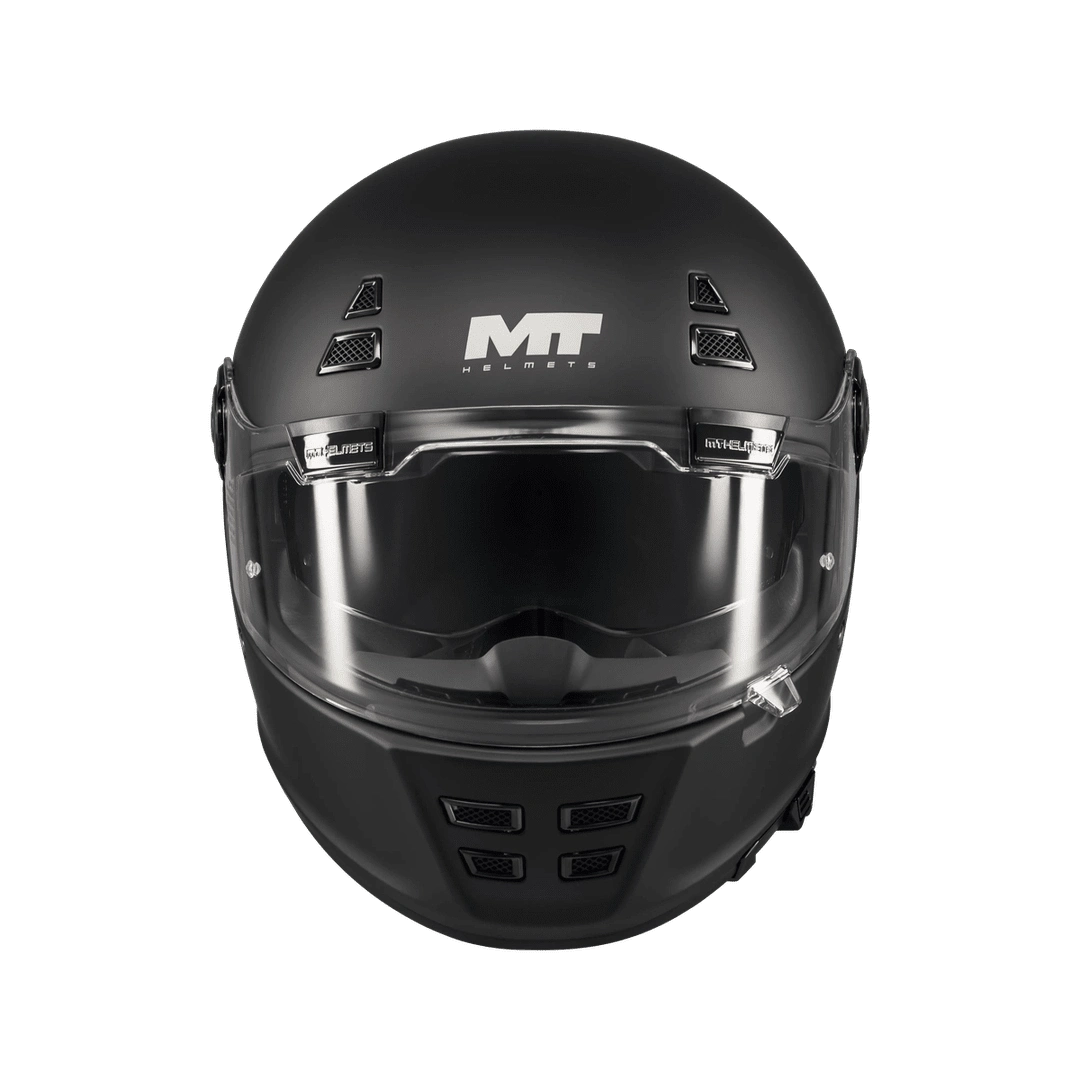 Casque intégral homologué ECE 22-06 noir mat de face, ventilations mentonnière ajourées