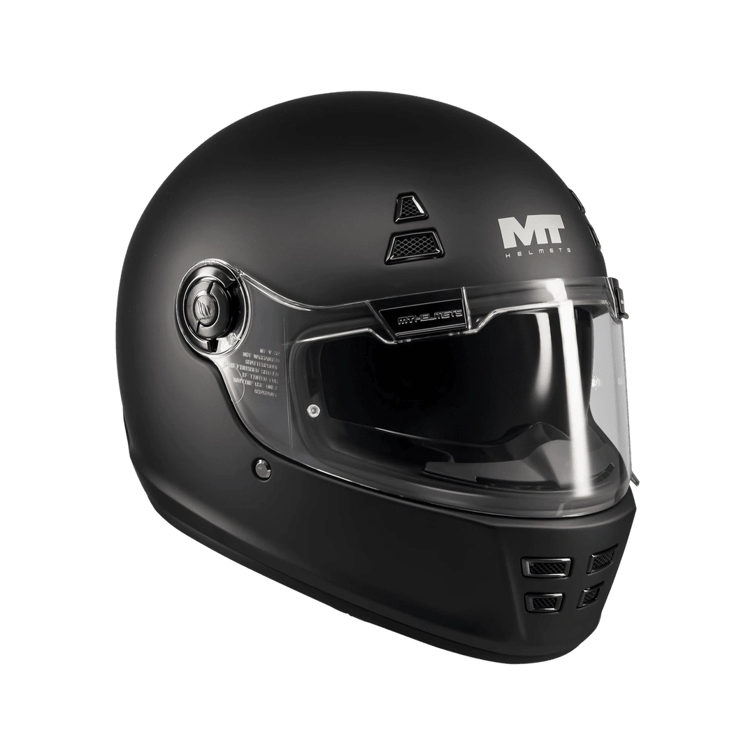 Casque intégral MT café racer noir mat trois-quarts avant, écran panoramique large
