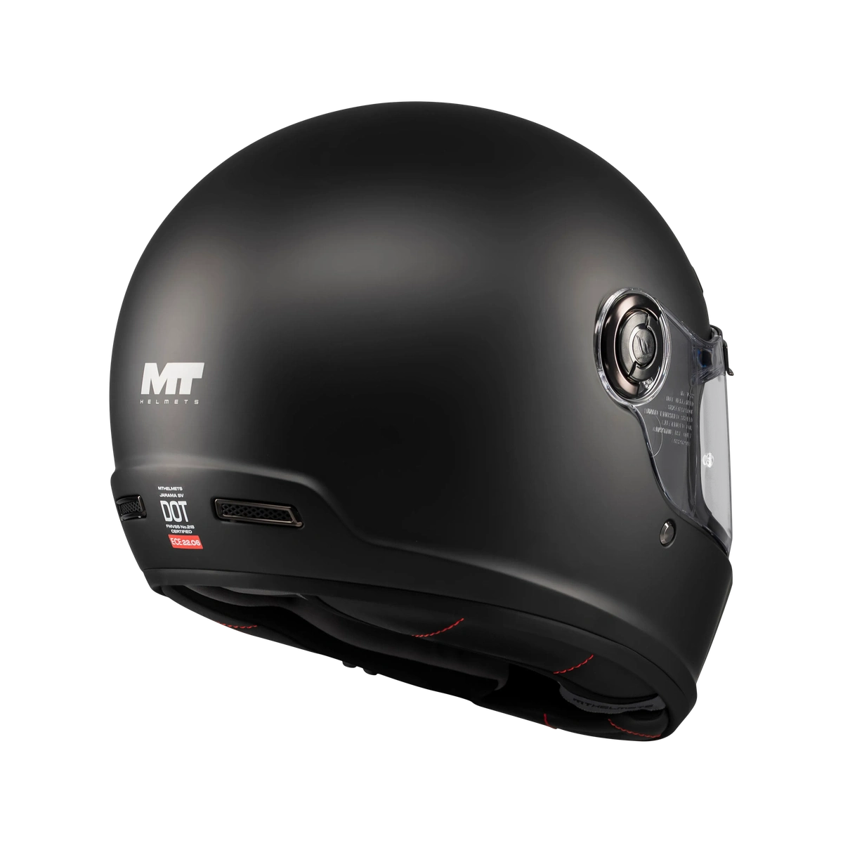 Casque intégral noir mat arrière trois-quarts, extracteurs et étiquette homologation ECE 22-06