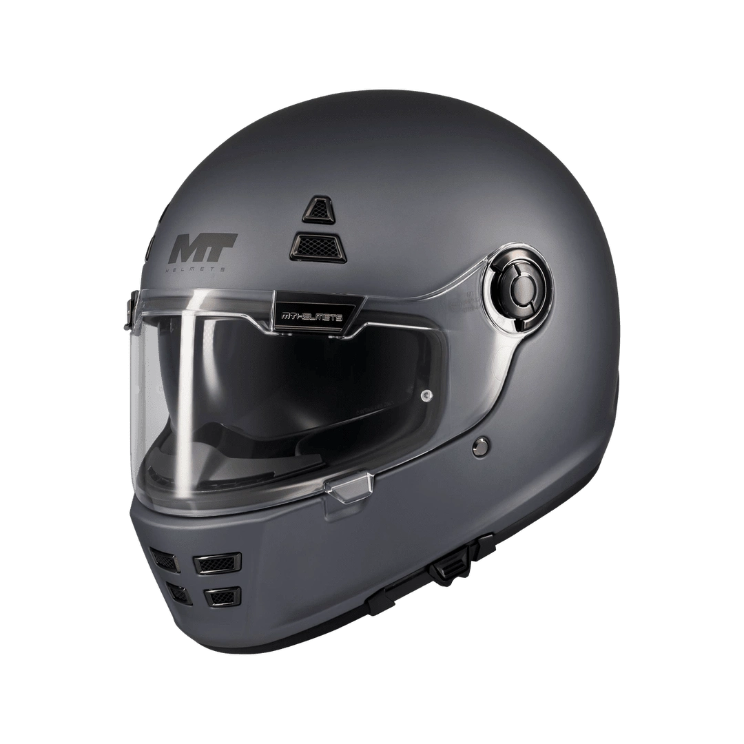 Casque intégral rétro MT Jarama SV gris mat, vue trois-quarts face visière fermée - LE PRATIQUE DU MOTARD