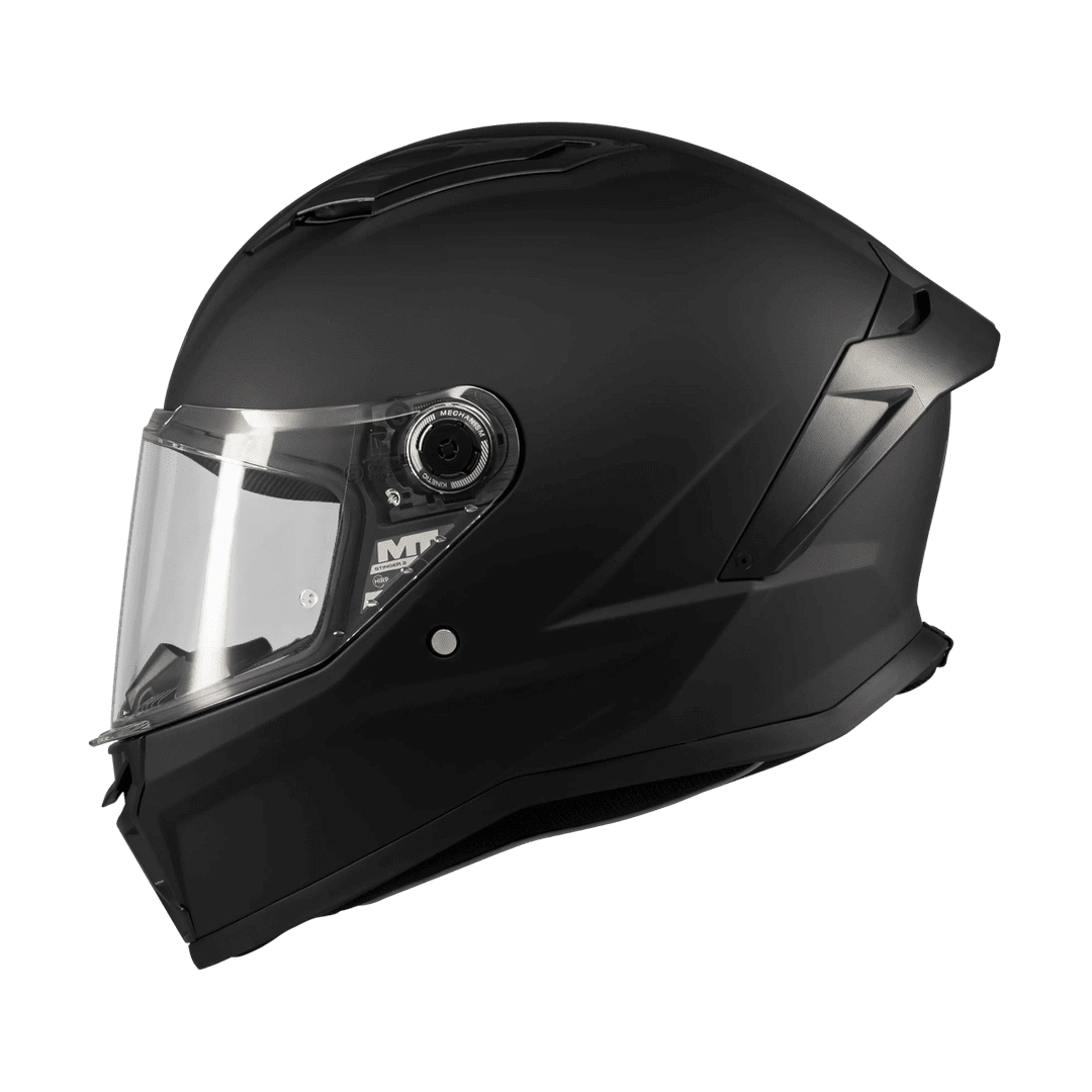 Casque intégral moto MT Stinger 2 noir mat vue de profil gauche visière relevée