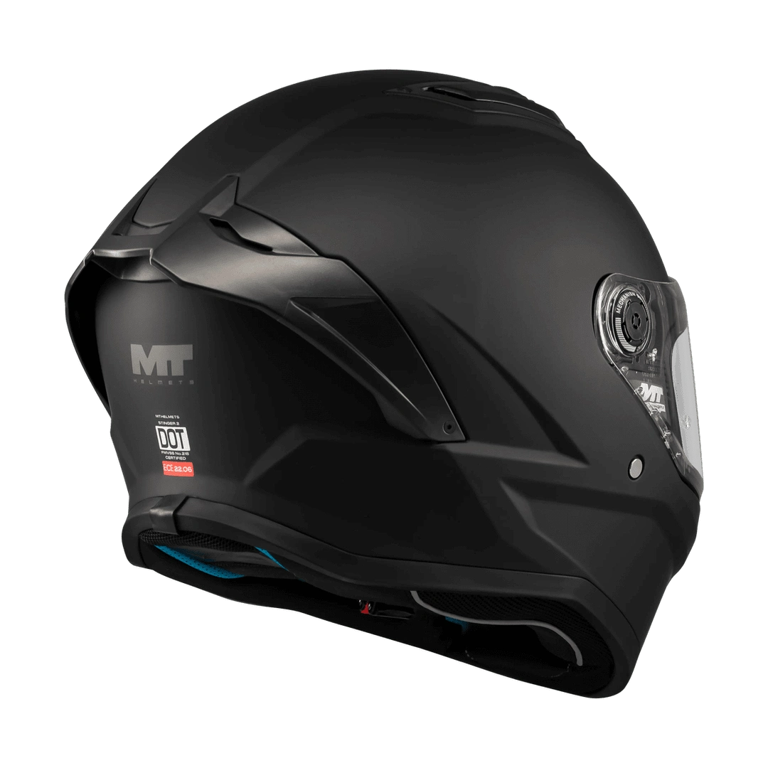 Casque intégral noir mat Stinger 2 vue arrière trois-quarts extracteurs de ventilation