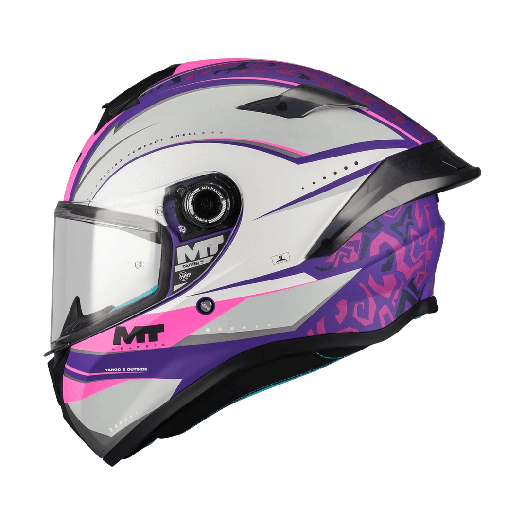 Casque intégral moto rose MT Targo S Outside profil déco blanc rose violet