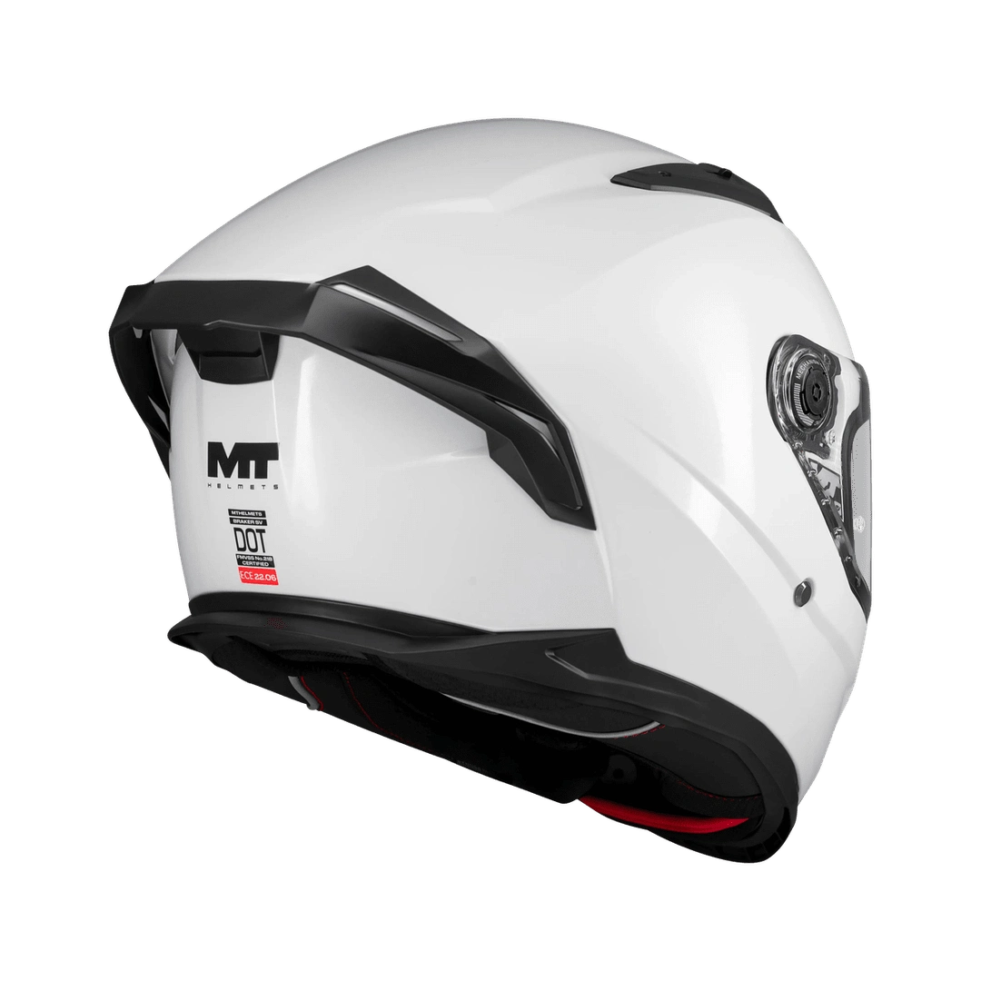Casque intégral moto MT Braker SV blanc nacré vue arrière avec aileron et étiquette homologation