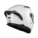 Casque intégral moto MT Braker SV blanc nacré vue arrière avec aileron et étiquette homologation