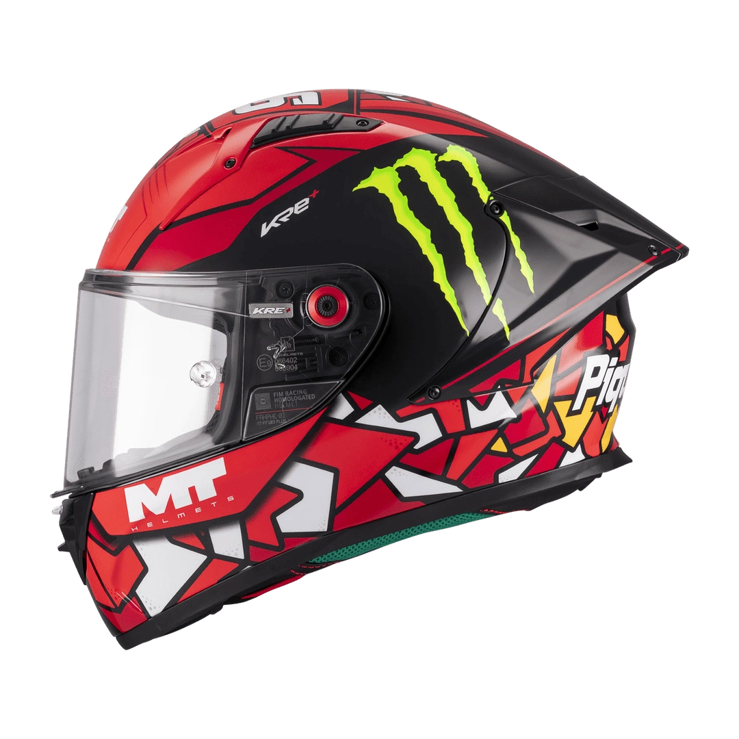Casque intégral MT KRE+ S Piqueras B5 gloss de profil gauche, déco Monster et coque composite