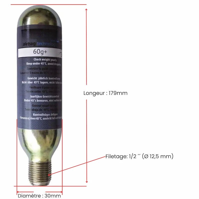 Cartouche d'air CO2 pour recharge gilet airbag moto 60G |Pack de 2 - LE PRATIQUE DU MOTARD