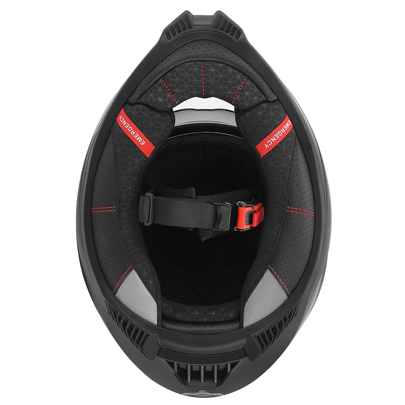 Casque intégral ADX AI500 Noir Mat — intérieur vu de dessous, languettes rouges « Emergency »
