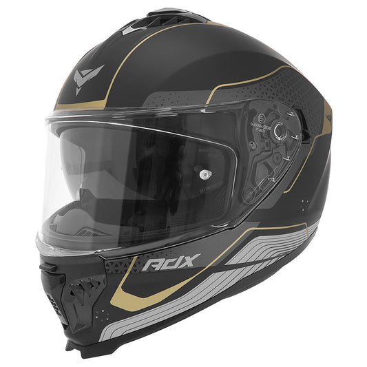Casque intégral ADX AI500 EVO Noir/Or Mat — vue trois-quarts avant, côté droit