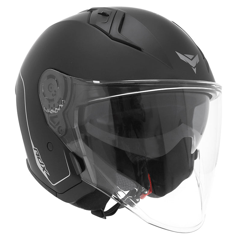Casque jet ADX AJ300 Noir Mat — vue trois-quarts avant, écran long transparent