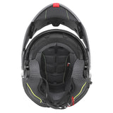 Casque modulable ADX AM600 Gris Brillant — vue de face, mentonnière relevée, intérieur du casque