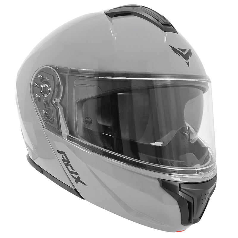 Casque modulable ADX AM600 Gris Brillant — vue trois-quarts avant, mentonnière fermée