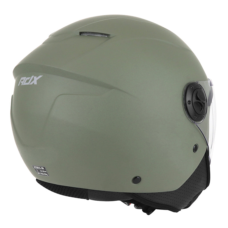 Casque jet ADX AJ020 Vert Olive Mat — vue trois-quarts arrière, côté droit
