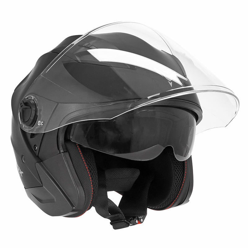 Casque jet ADX AJ150 Noir Mat — écran relevé et pare-soleil intégré abaissé