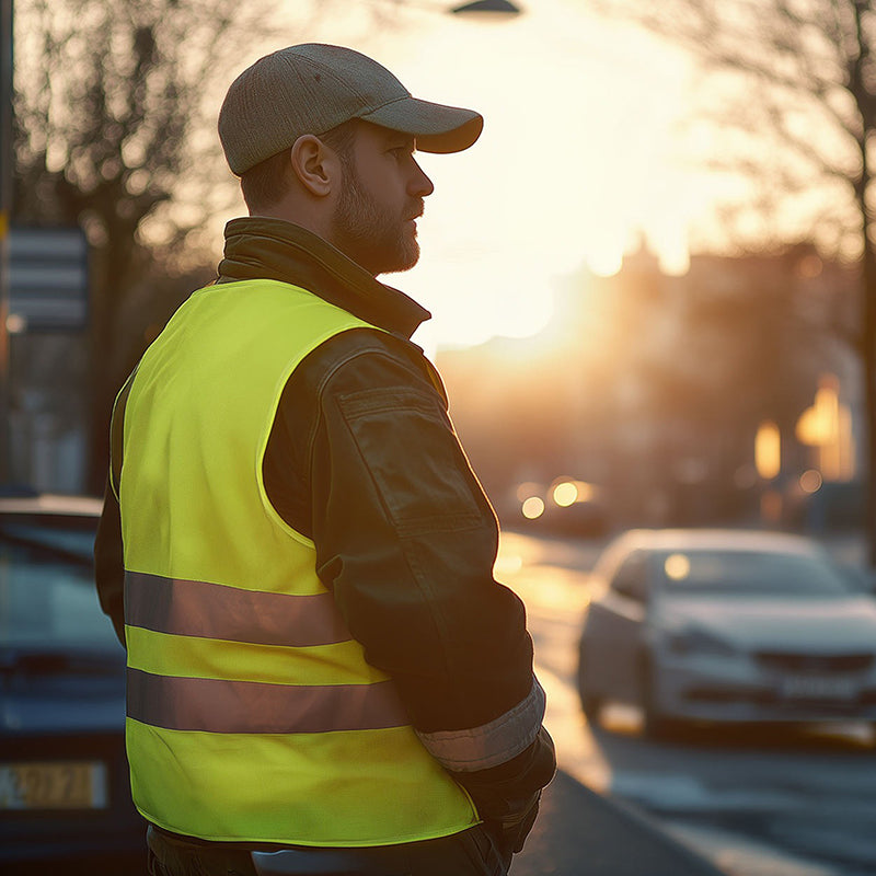 Gilet jaune haute visibilité porté au bord d’une route
