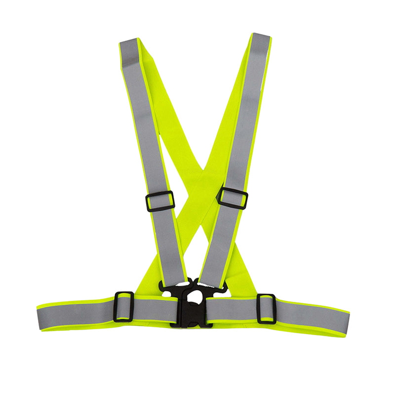 Bretelles réfléchissantes jaune fluo — vue d’ensemble, sangles et boucle