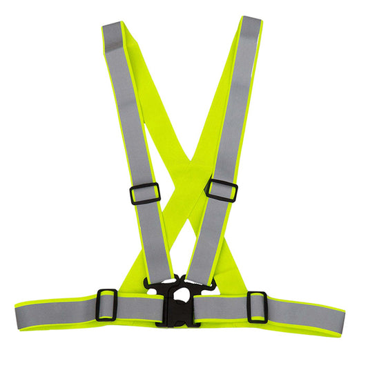 Bretelles réfléchissantes jaune fluo — vue d’ensemble, sangles et boucle