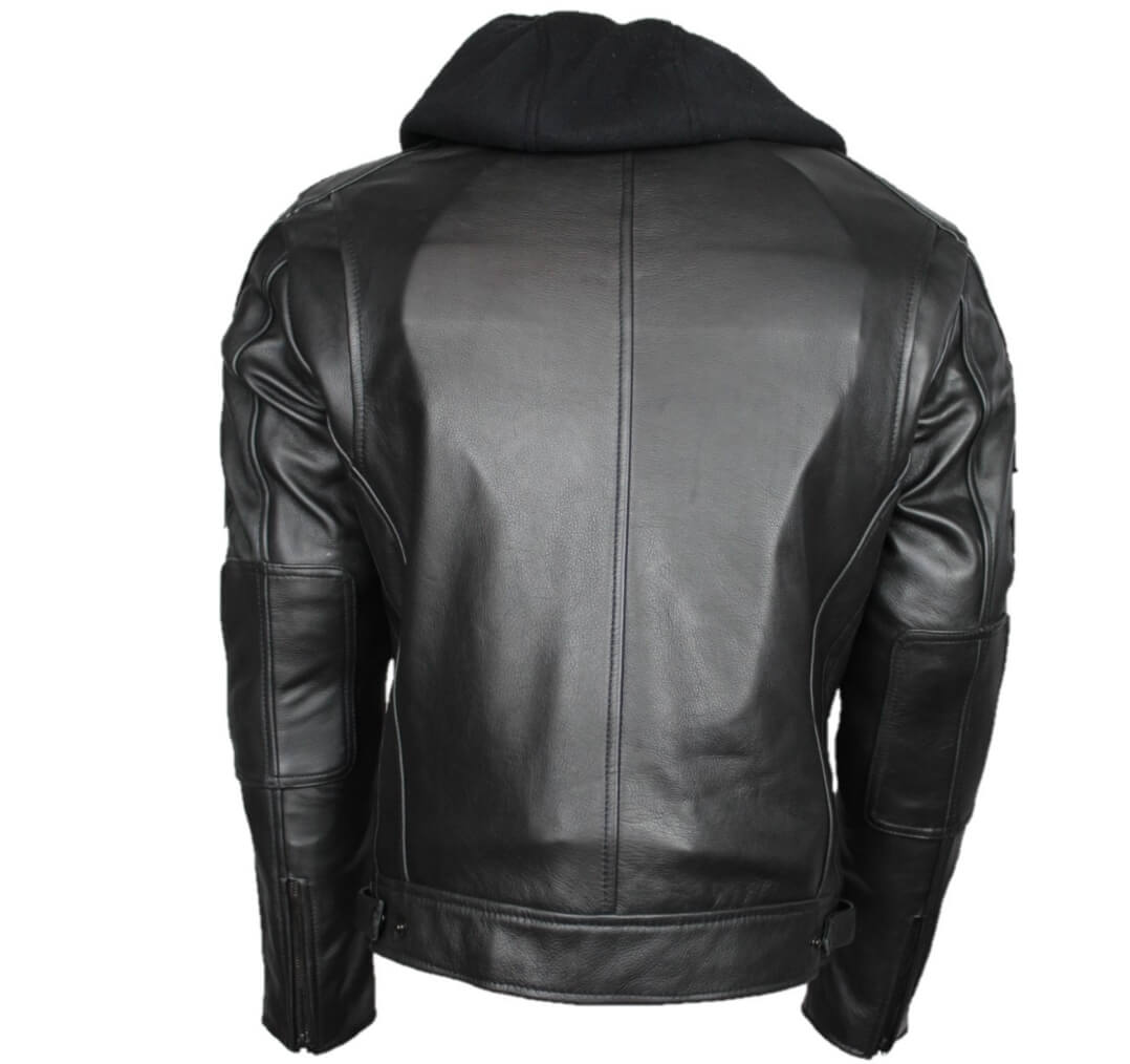 Blouson moto cuir homme Cafe Racer Black Edition, vraie vue de dos avec capuche et couture centrale