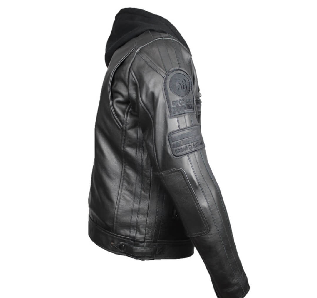 Blouson moto cuir Cafe Racer Black Edition, profil montrant la manche et le réglage à la taille