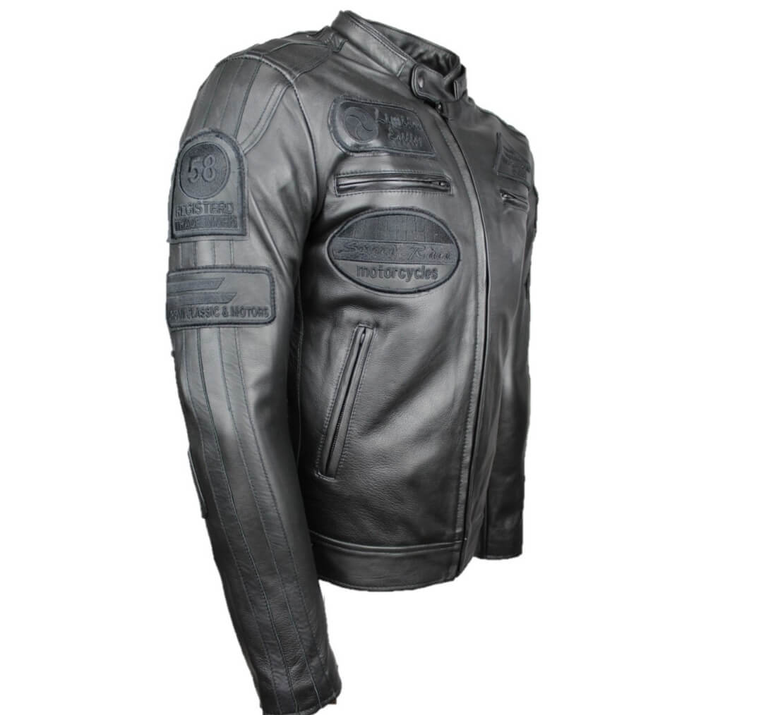 Blouson moto cuir Cafe Racer Black Edition, vue trois quarts de face sans capuche