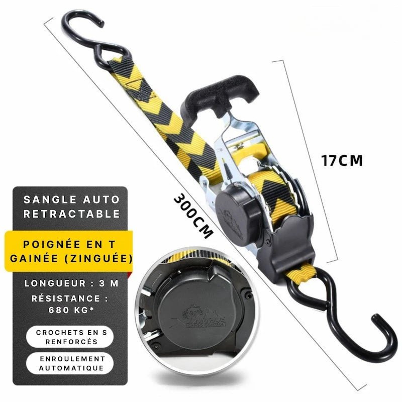Sangle Automatique Rétractable a cliquet | 3.30m - 680kg - LE PRATIQUE DU MOTARD