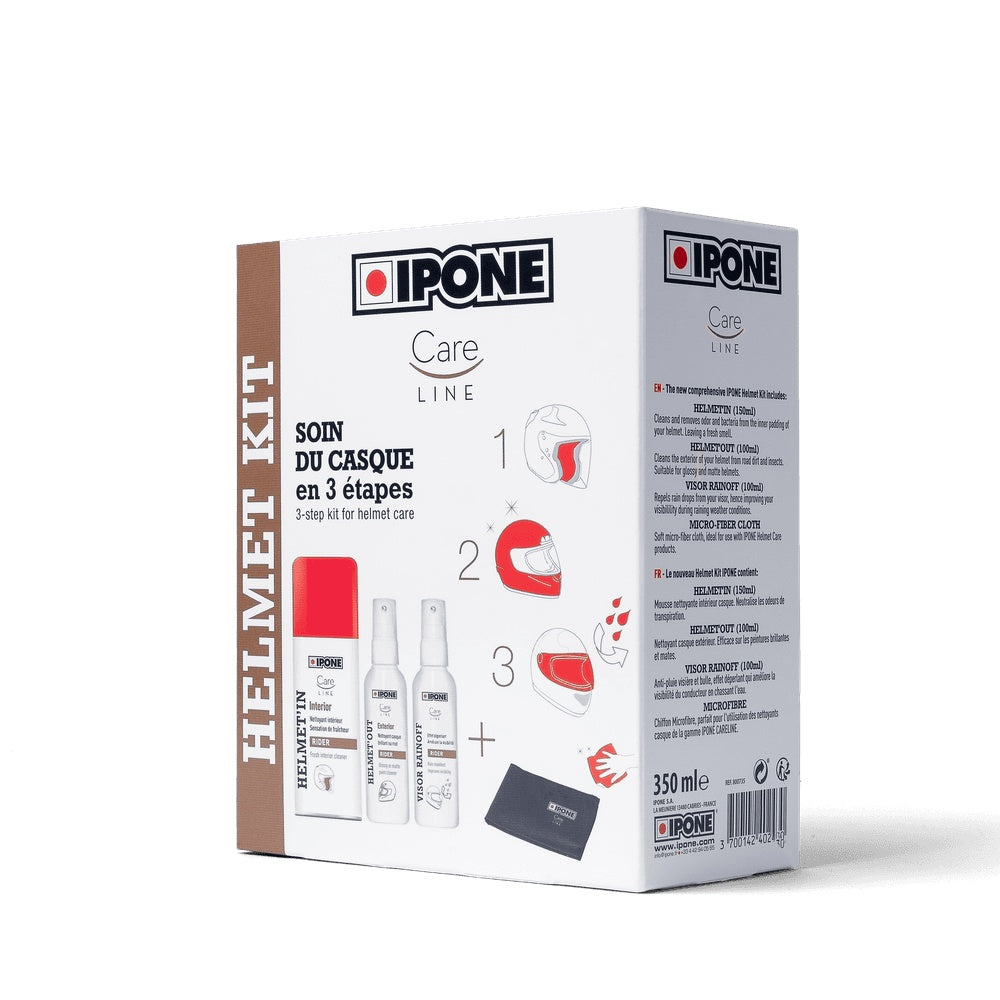 Pack Entretien Casque Ipone - Kit complet nettoyant extérieur intérieur anti-pluie microfibre