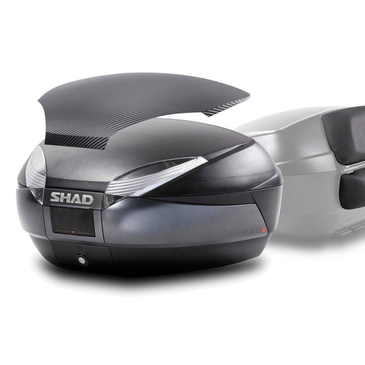 Top Case SHAD SH48 Carbon + Dosseret — Top Case Moto 48L Carbone avec Dosseret - LE PRATIQUE DU MOTARD