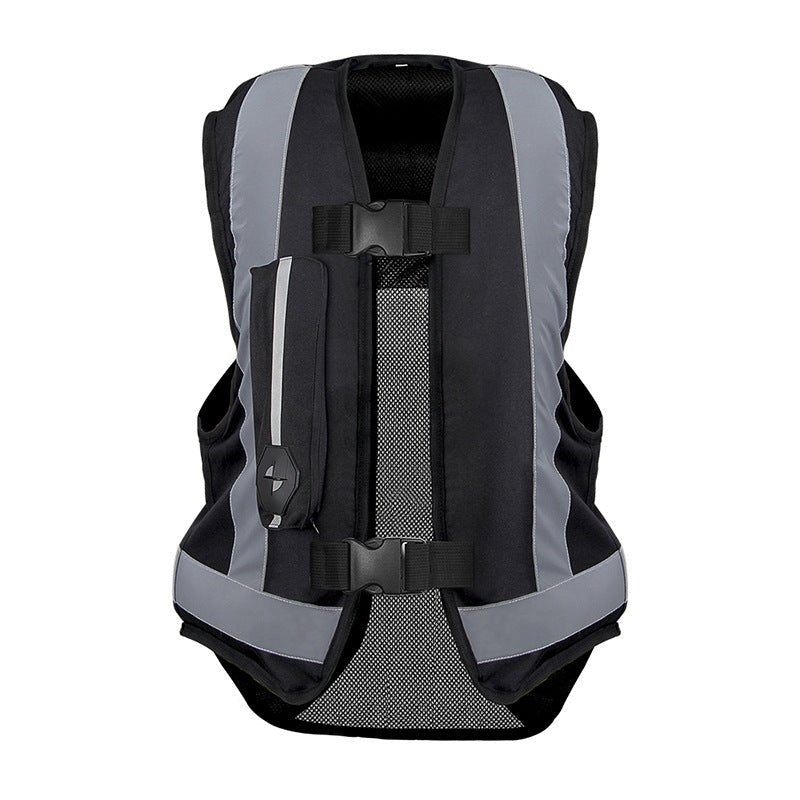 Gilet airbag moto noir vue de dos, dorsale ventilée et boucles de réglage