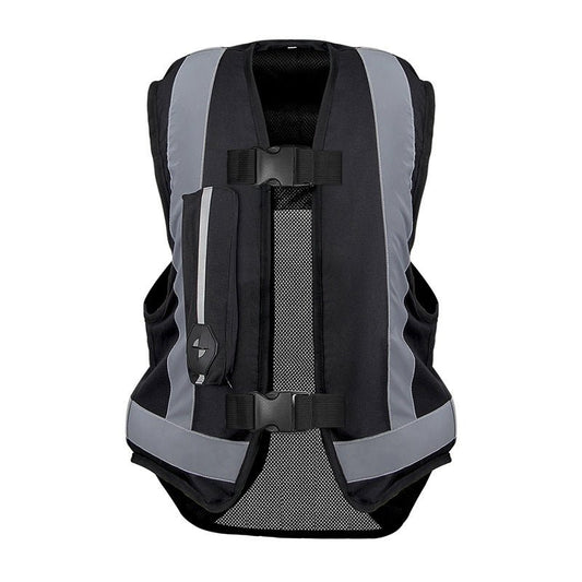 Gilet airbag moto noir vue de dos, dorsale ventilée et boucles de réglage