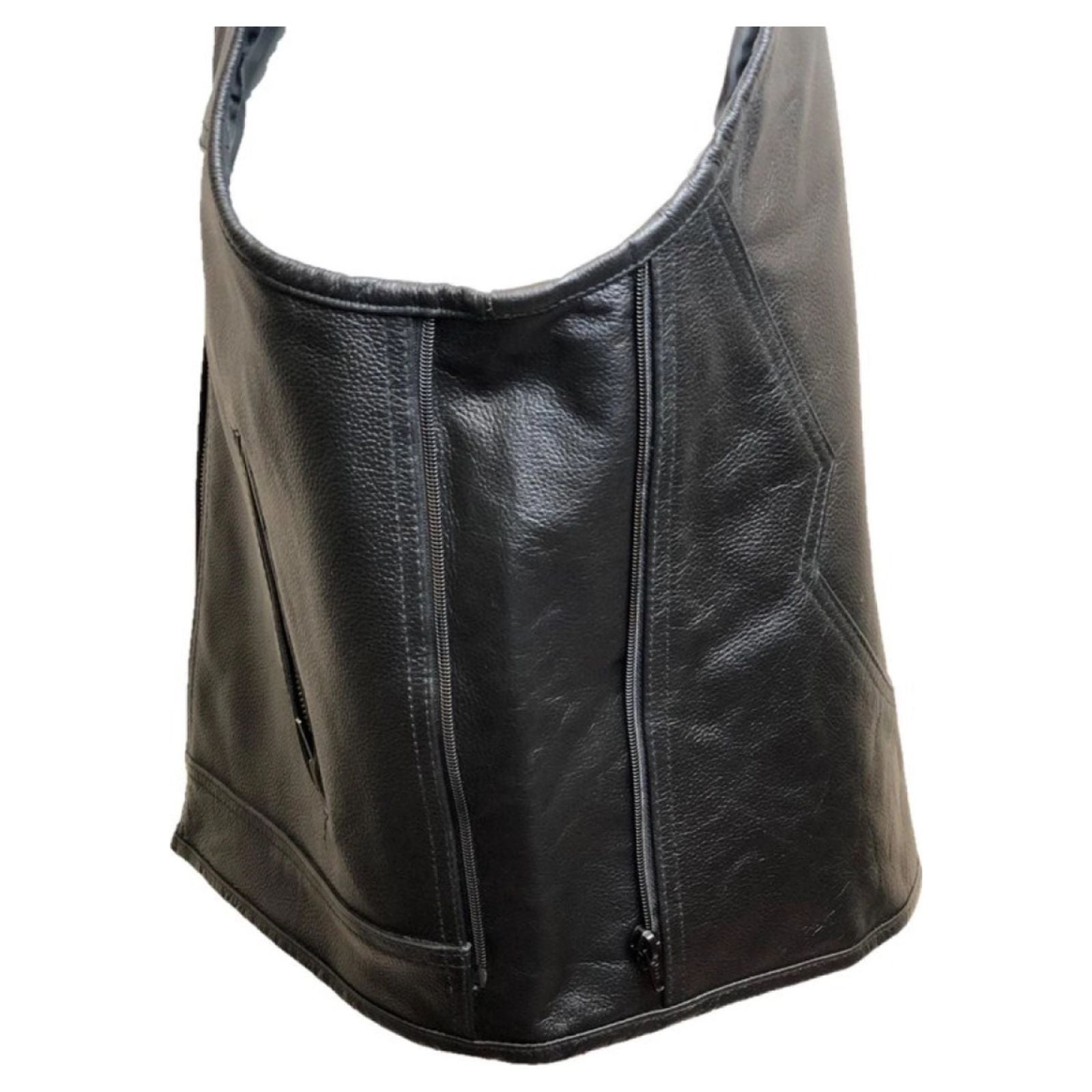 Gilet cuir vachette motard sans manche — détail coutures et fermeture latérale — Le Pratique du Motard