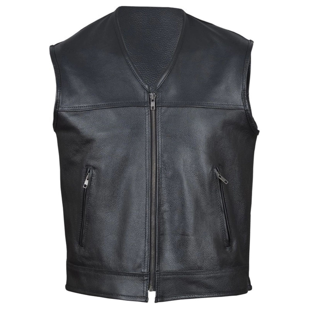 Gilet cuir vachette motard sans manche fermeture latérale — vue face — Le Pratique du Motard
