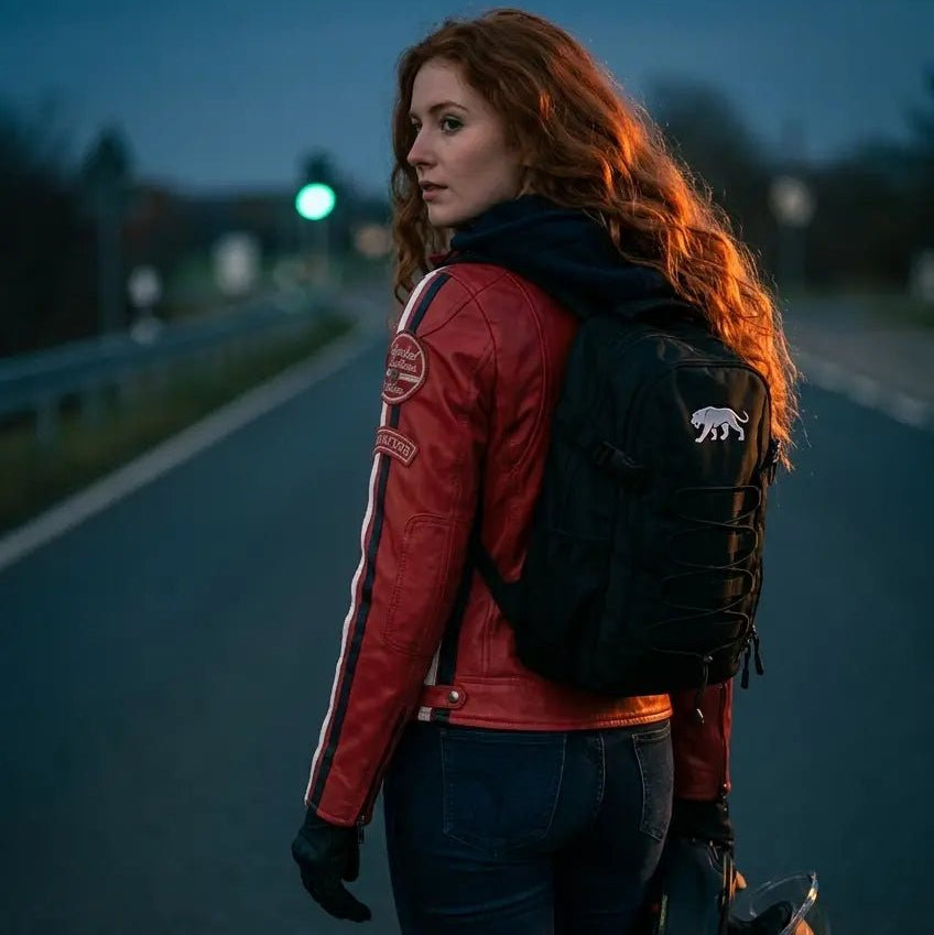 Blouson cuir moto femme style vintage | LEGENDARY 58™ Rouge — De dos