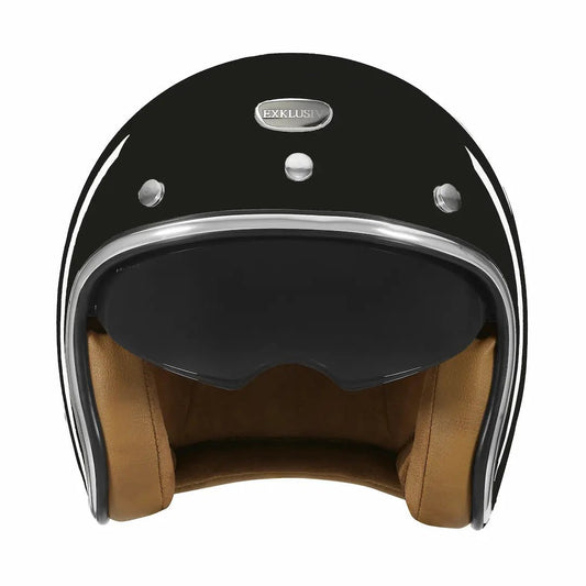 Casque jet à visière solaire noir de face, écran fumé baissé et intérieur cuir camel