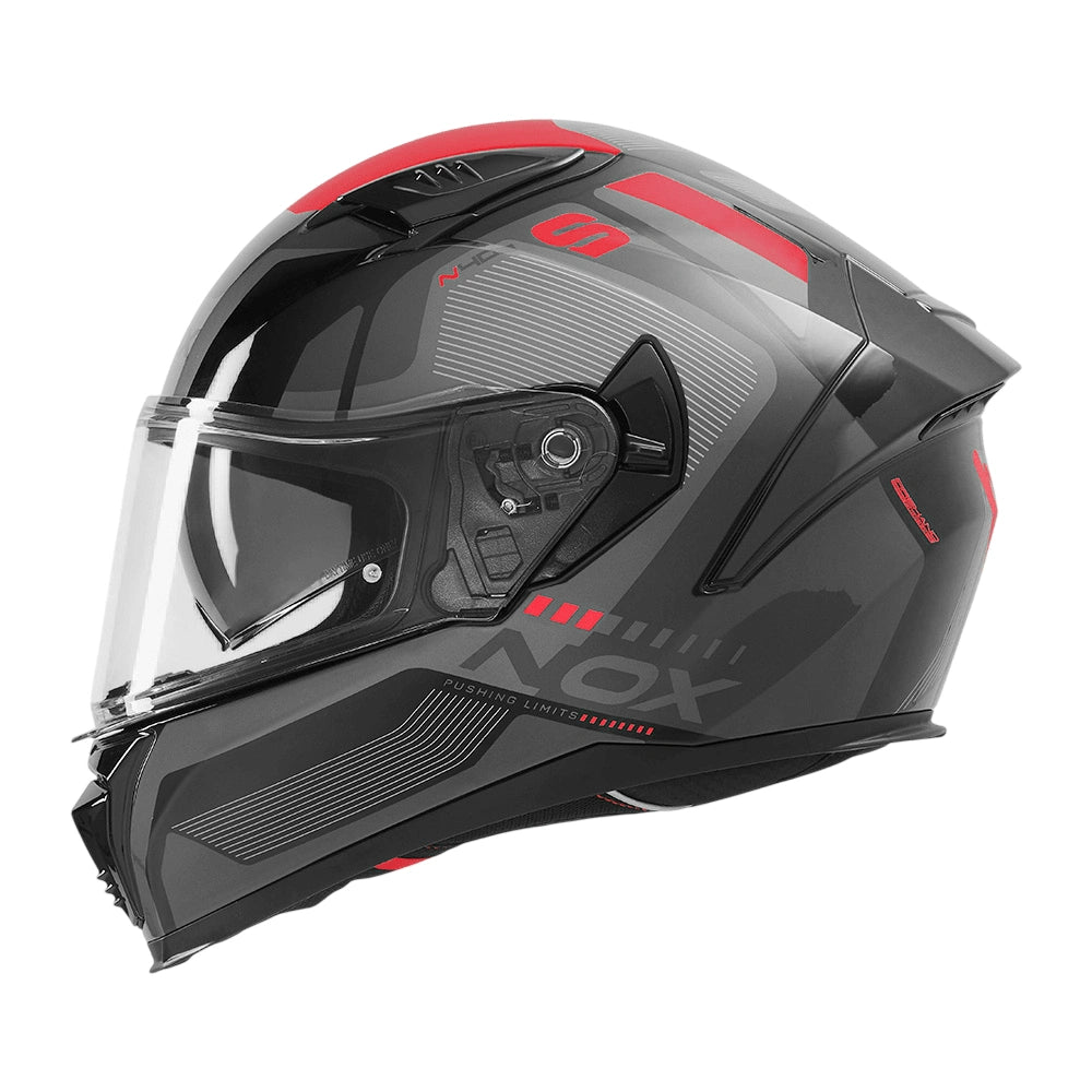 Vue trois quarts du casque intégral moto NOX N402 Mentor noir rouge, déco graphique