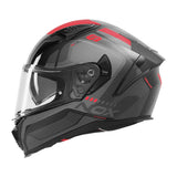 Vue trois quarts du casque intégral moto NOX N402 Mentor noir rouge, déco graphique