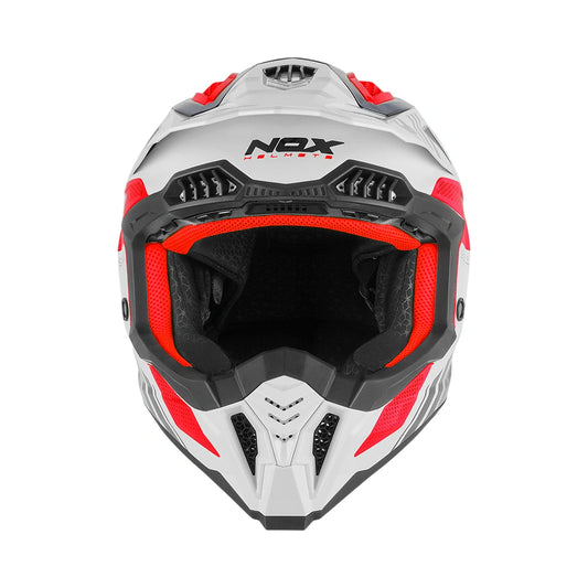Casque cross NOX N634 Storm blanc bleu rouge vue trois-quarts, casquette-visière et mentonnière