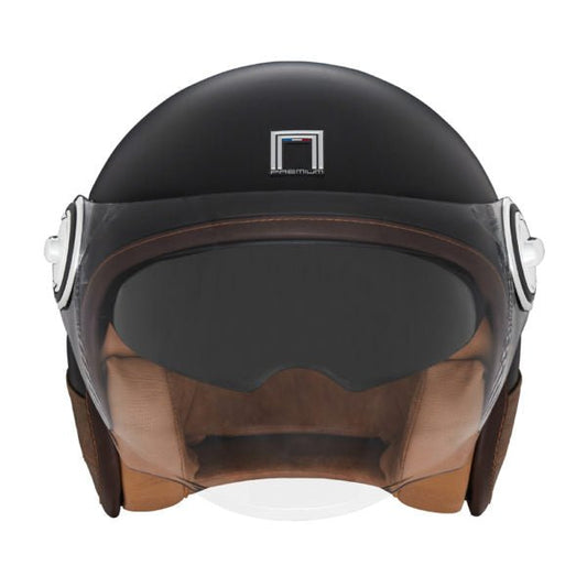 Casque Moto Jet Heritage Noir Mat Cuir Marron | NOX - LE PRATIQUE DU MOTARD