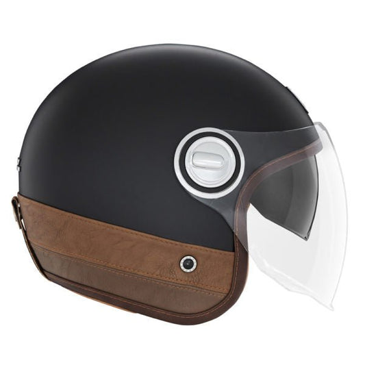 Casque Moto Jet Heritage Noir Mat Cuir Marron | NOX - LE PRATIQUE DU MOTARD