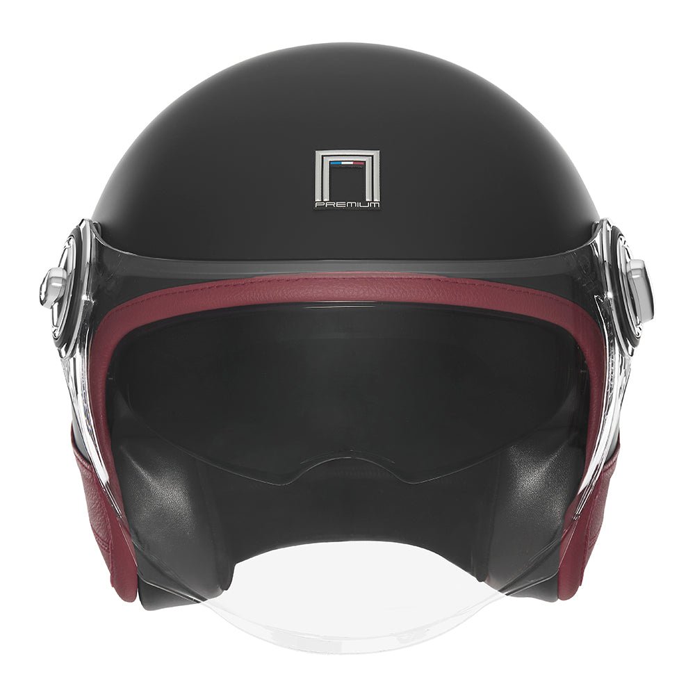 Casque Moto Jet Heritage Noir Mat Cuir Rouge | NOX - LE PRATIQUE DU MOTARD