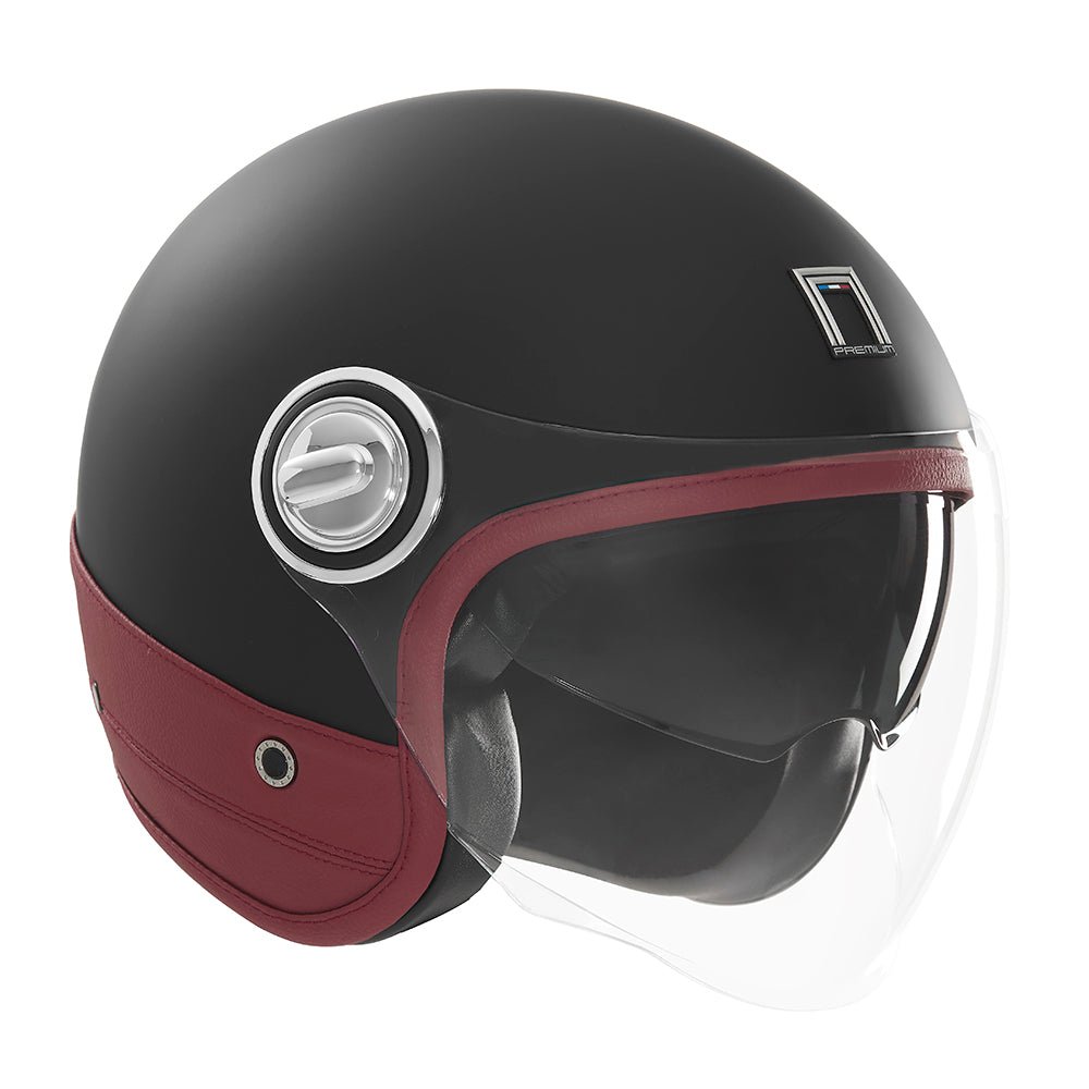 Casque Moto Jet Heritage Noir Mat Cuir Rouge | NOX - LE PRATIQUE DU MOTARD
