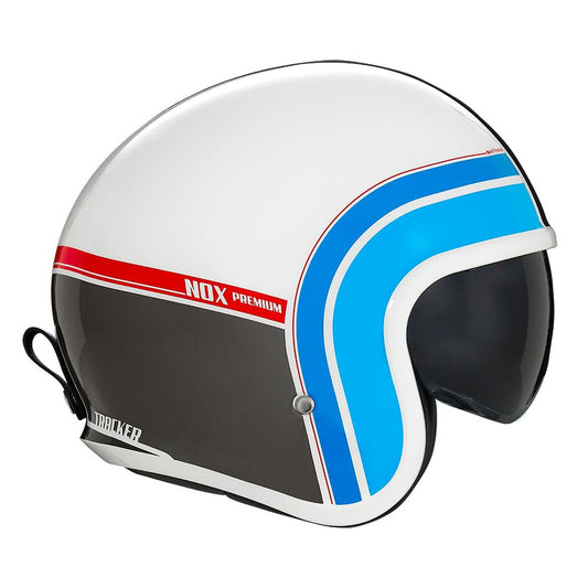 Casque Moto Jet Next Traker Blanc Bleu Rouge | NOX - LE PRATIQUE DU MOTARD